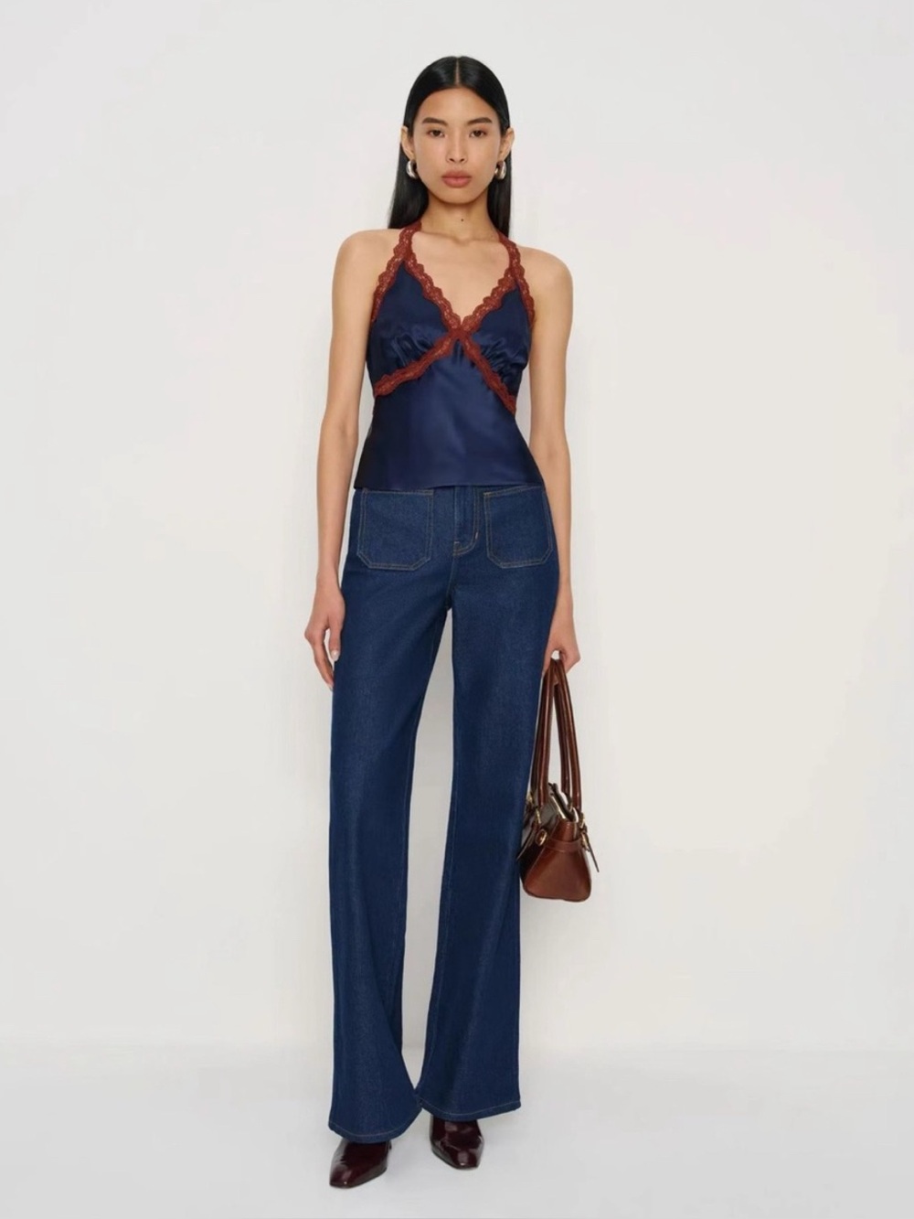 NWT Reformation Monica Silk Top Navy Size L